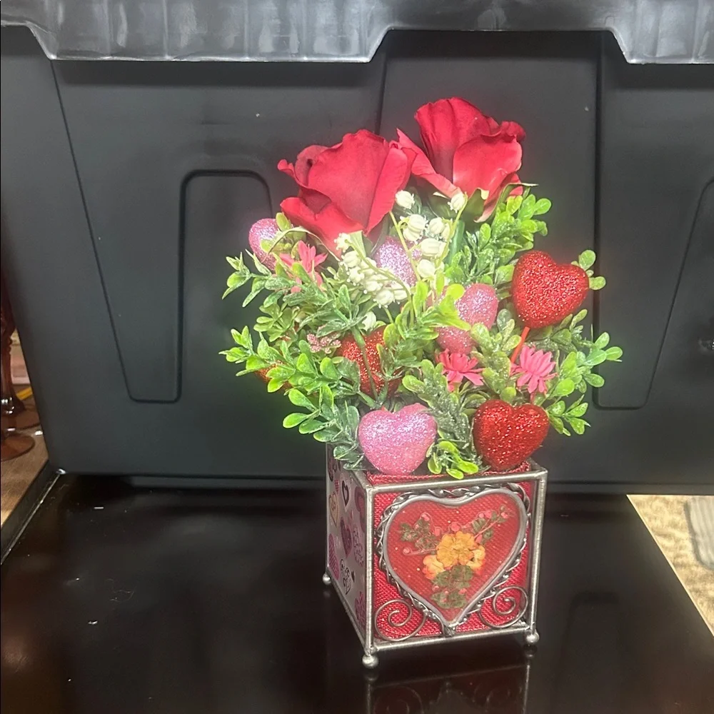 Heart-Themed Floral Arrangement with Red and Pink Accents homemade